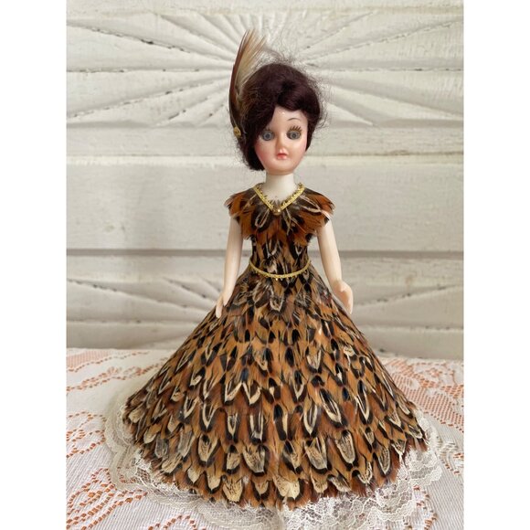 Vintage 1950s Celluloid Doll With Pheasant Feather Dress & Lace Trim - Picture 12 of 12